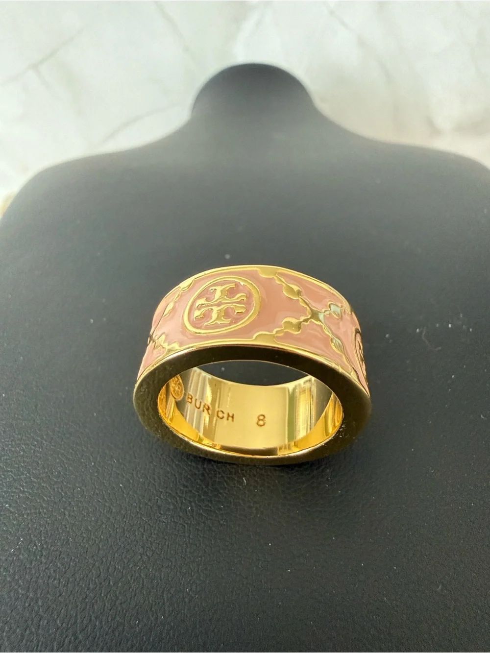 Tory Burch | Pink Enamel Logo Wide Band Ring | Sz 8